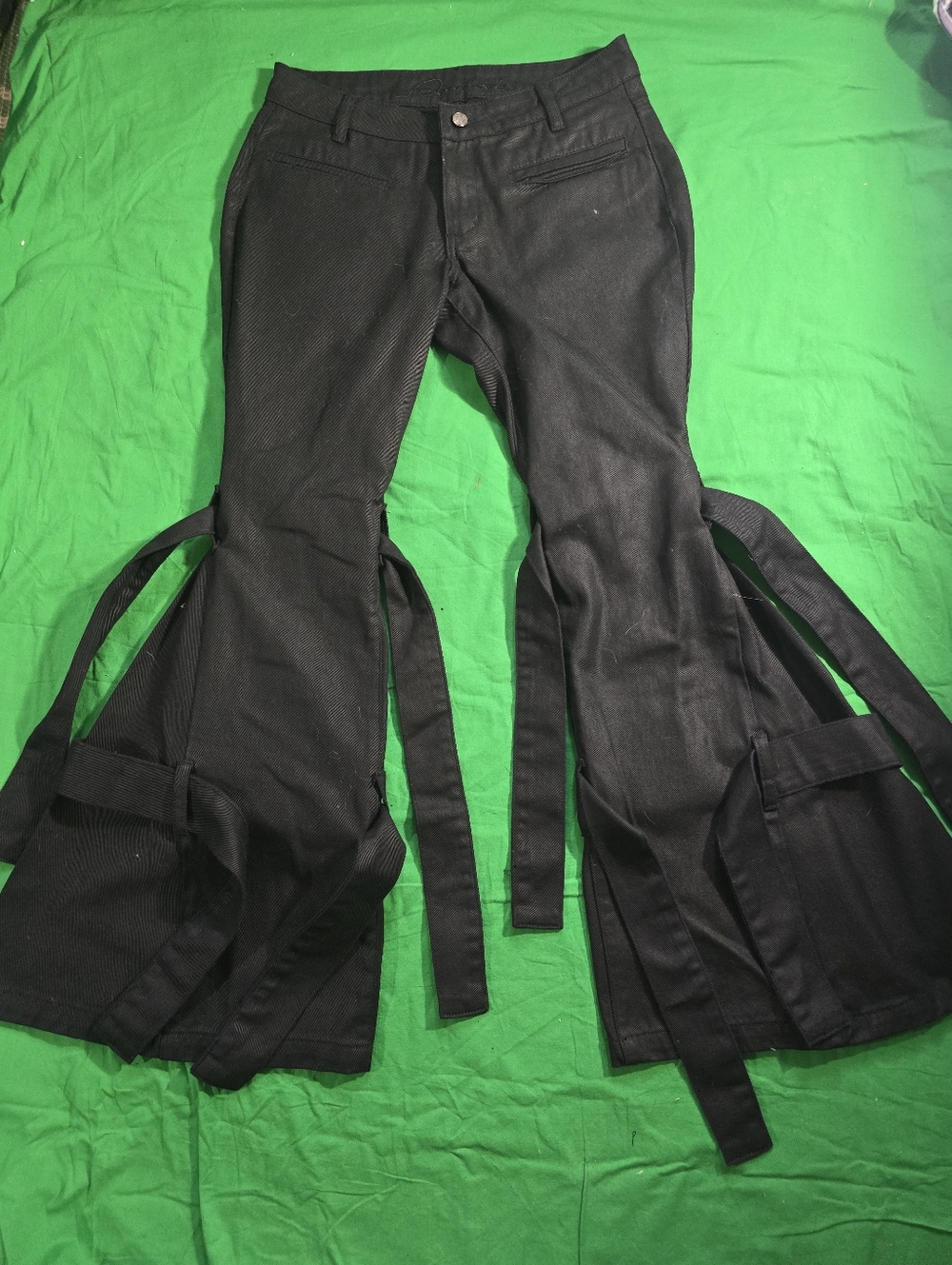 Ammode Women Black Low Rise Bell Bottoms Pants With Straps Size Large New